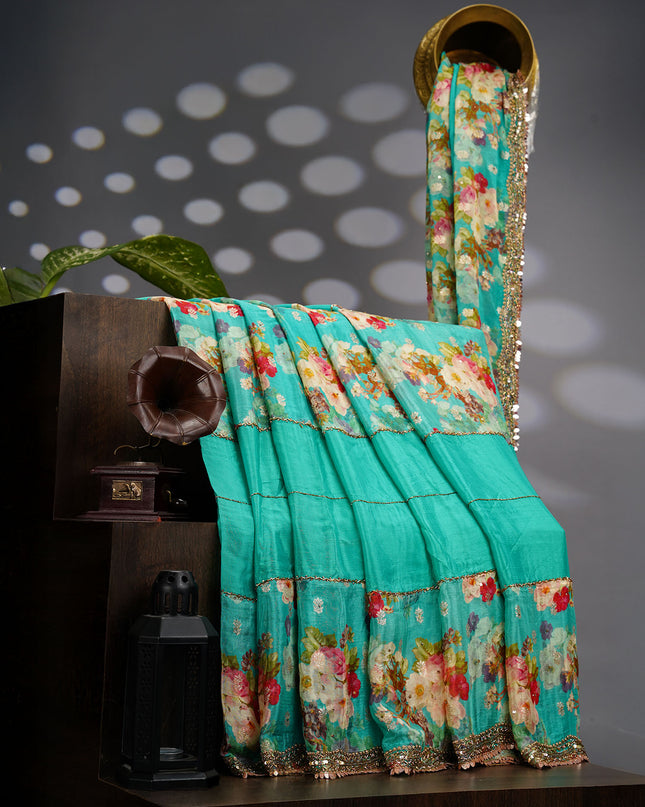 Crepe Saree With Floral Print Scallop Border Kardhana Sequence Work - Sea Green