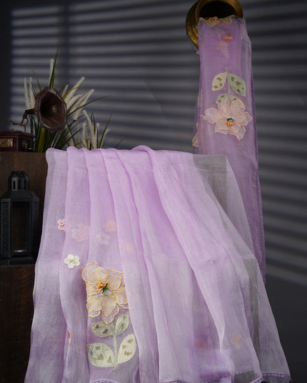 Soft Tissue Organza Silk With Thread Embroidery Work And Lace Border - Lavender