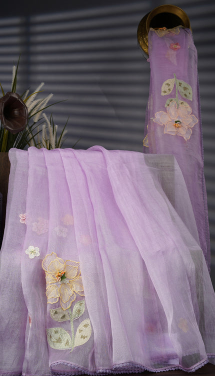 Soft Tissue Organza Silk With Thread Embroidery Work And Lace Border - Lavender