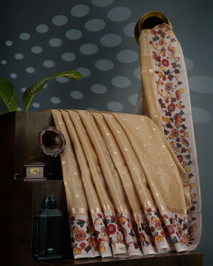 Tissue Kota Saree with Gold Butties and Contrast Floral Print Border- Tan