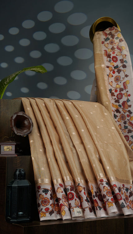 Tissue Kota Saree with Gold Butties and Contrast Floral Print Border- Tan