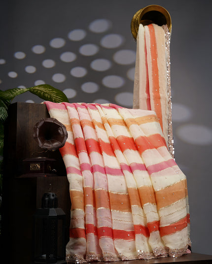 Georgette Saree With Scallop Border Kardhana Sequence Work - Beige