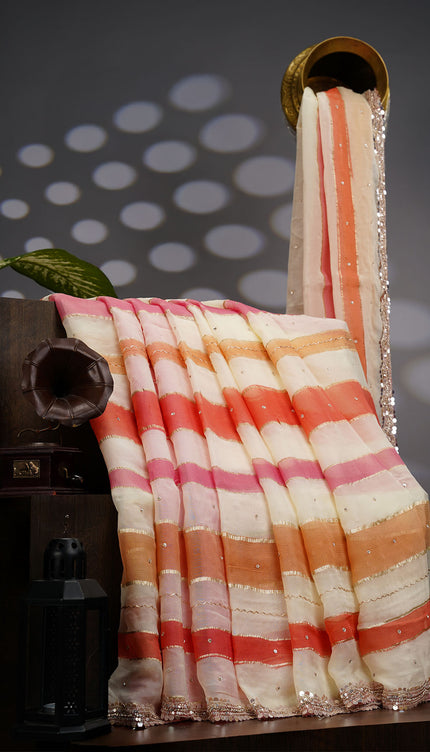 Georgette Saree With Scallop Border Kardhana Sequence Work - Beige