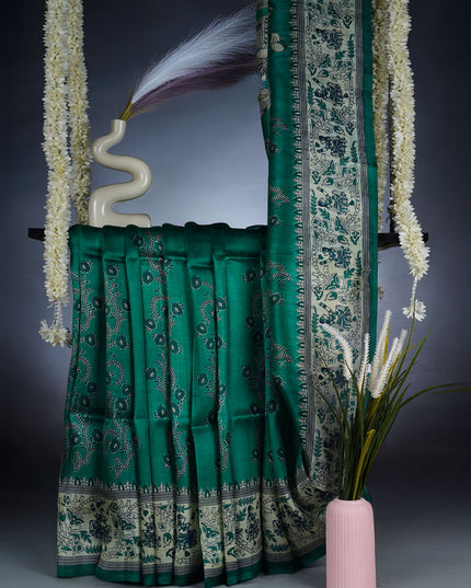 Pure Silk Saree with Floral Print and Contrast Border - Green