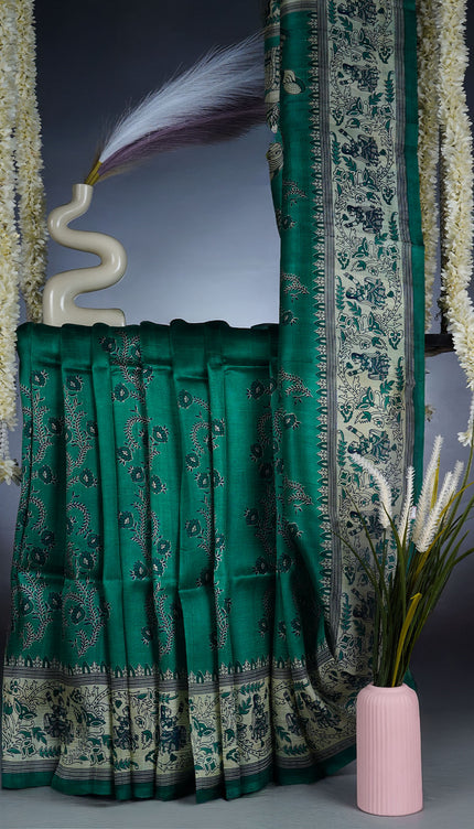 Pure Silk Saree with Floral Print and Contrast Border - Green