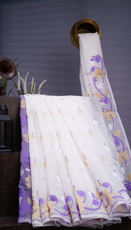 Lotus Cotton Saree With Floral Weaving Design - Lavender