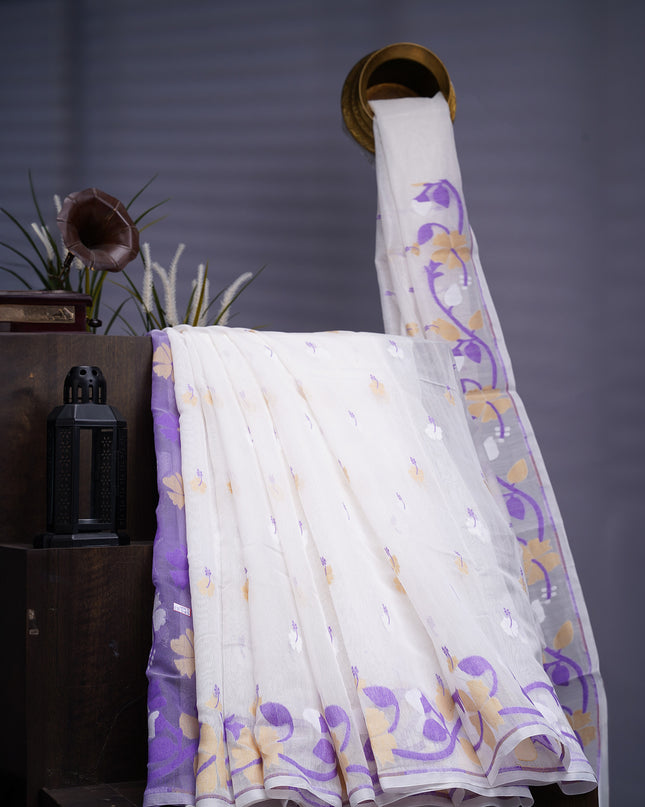 Lotus Cotton Saree With Floral Weaving Design - Lavender