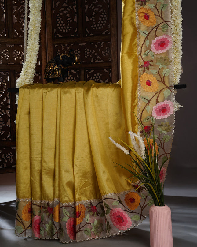 Kora Dupion Saree with Thread Work and Scallop Border - Lime Green