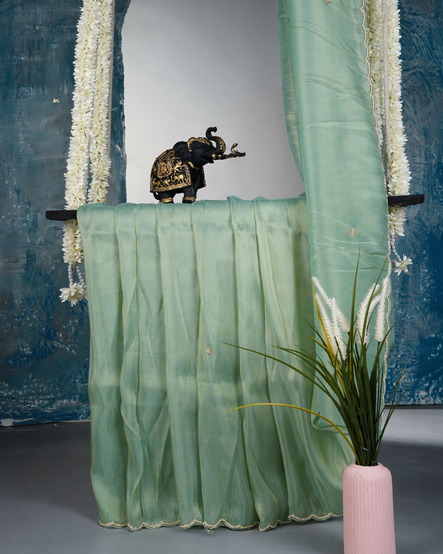 Tissue crepe saree with thread Embroidery work and scallop border - L Green