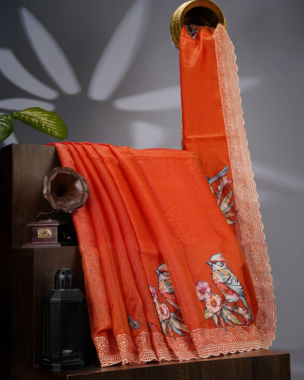 Kota Silk Saree with Applique Work and Scallop Border with Thread Work- Rust