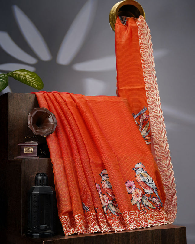 Kota Silk Saree with Applique Work and Scallop Border with Thread Work- Rust