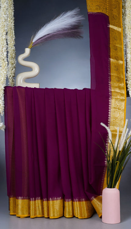 Georgette Saree  Golden Zari Flower Design Border -  Purple