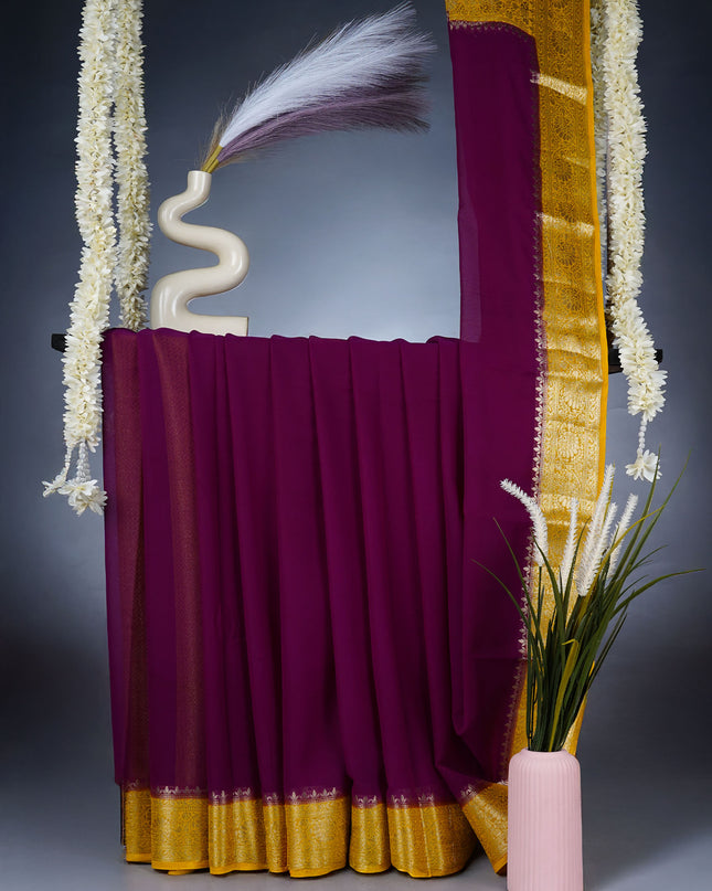 Georgette Saree  Golden Zari Flower Design Border -  Purple
