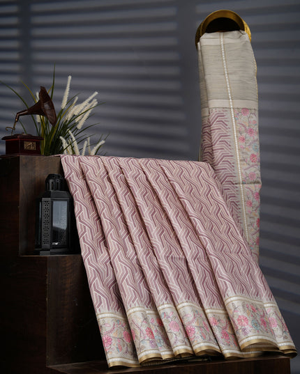 Tusser Silk Saree With Print Border - Brown