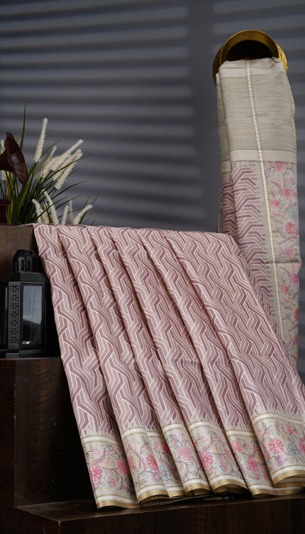 Tusser Silk Saree With Print Border - Brown