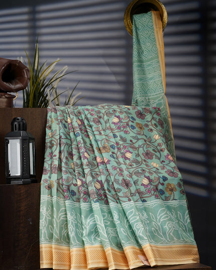 Mangalagiri Cotton Saree Digital Kalamkari Print With Contrast Border - Pista Green