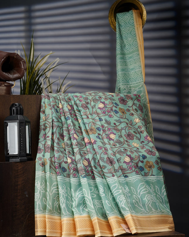 Mangalagiri Cotton Saree Digital Kalamkari Print With Contrast Border - Pista Green