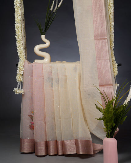 Kota Chanderi Saree with Mirror and Applique Work Contrast Border- Purple