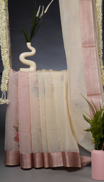 Kota Chanderi Saree with Mirror and Applique Work Contrast Border- Purple