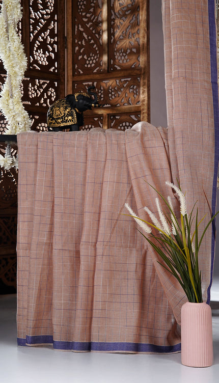 Mul cotton saree with allover check weaving and contrast border - Brown