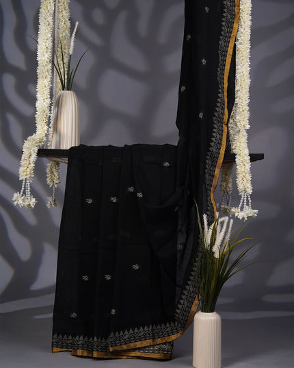 Handloom Cotton Saree with Thread Weaving Border- Black