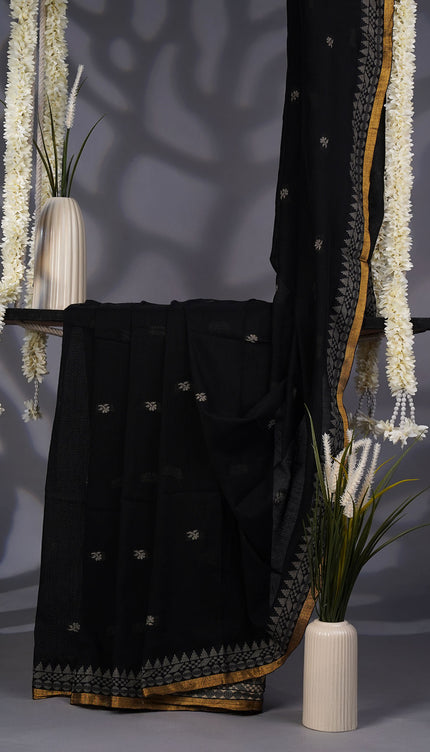 Handloom Cotton Saree with Thread Weaving Border- Black