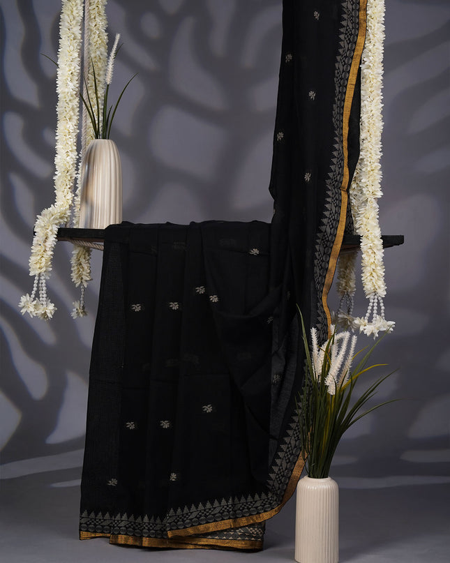 Handloom Cotton Saree with Thread Weaving Border- Black