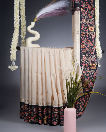 Semi Tusser Saree With Golden Butties With Kalamkari Boarder - Beige