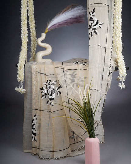 Glass Tissue Saree With Sequence Work - Tan