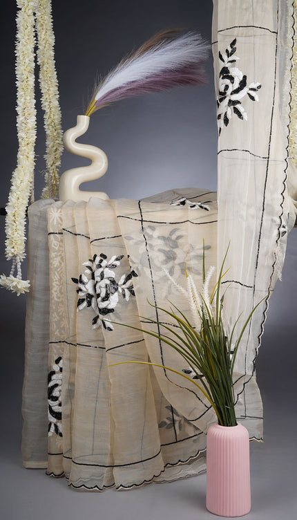 Glass Tissue Saree With Sequence Work - Tan