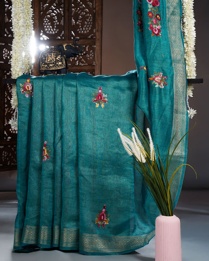 Linen Saree with Kantha Work & Golden Zari Border- Rama Green