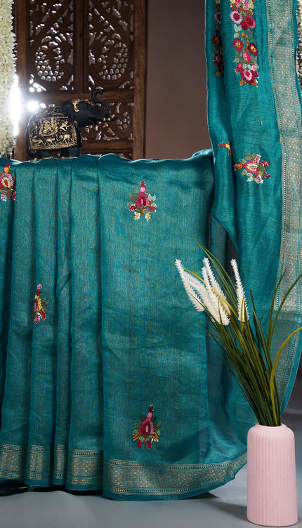 Linen Saree with Kantha Work & Golden Zari Border- Rama Green