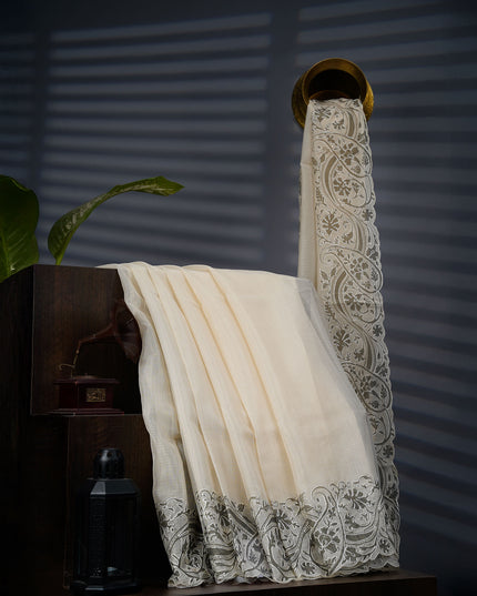 Kota Silk Saree with Thread Embroidery With Scallop Border - Cream & Green