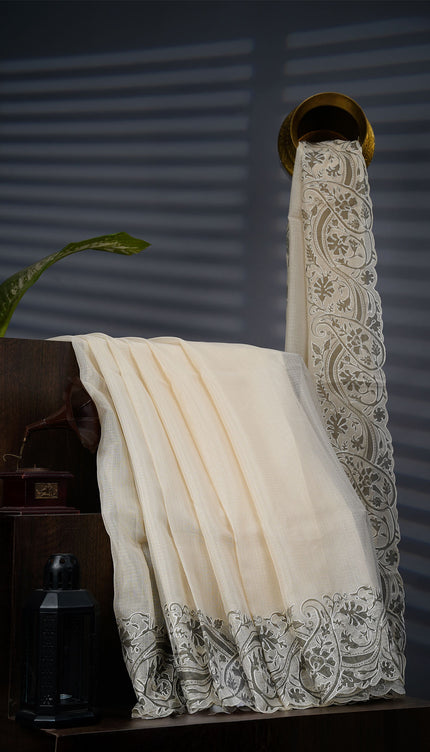 Kota Silk Saree with Thread Embroidery With Scallop Border - Cream & Green