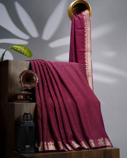 Korean Crepe Saree with Golden Zari Border- Purple