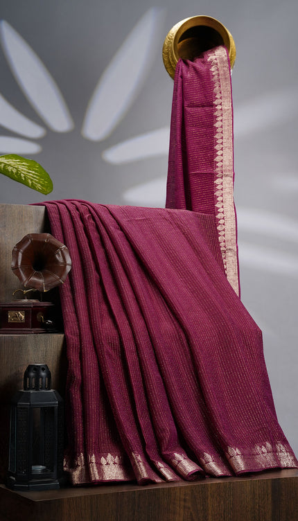 Korean Crepe Saree with Golden Zari Border- Purple