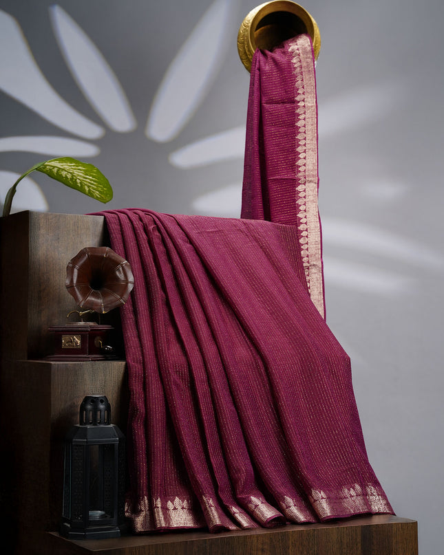 Korean Crepe Saree with Golden Zari Border- Purple