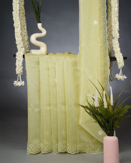 Tissue Linen Saree and Scallop Border and Peral Work - Pista Green