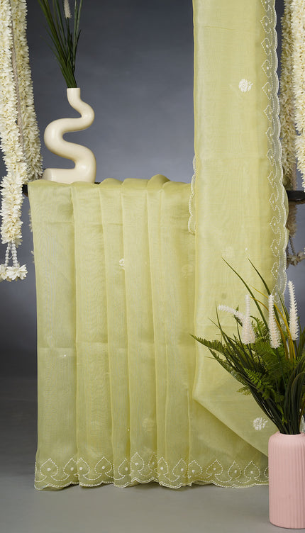 Tissue Linen Saree and Scallop Border and Peral Work - Pista Green