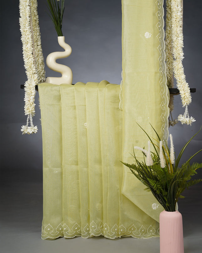 Tissue Linen Saree and Scallop Border and Peral Work - Pista Green