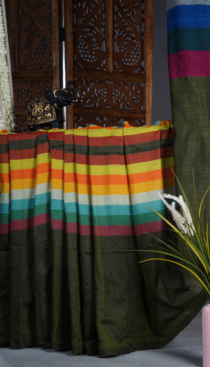 Mulcotton saree with multicolored check pattern - Green