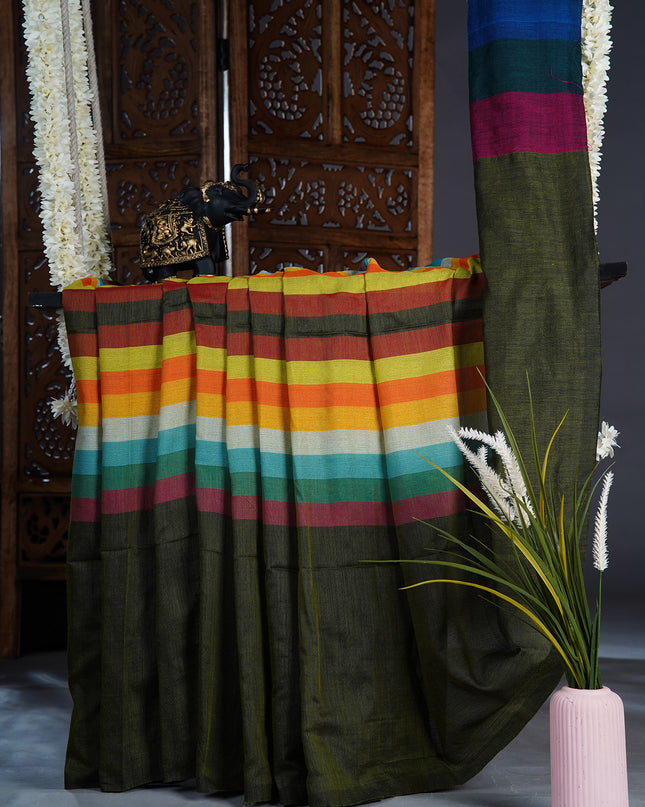 Mulcotton saree with multicolored check pattern - Green