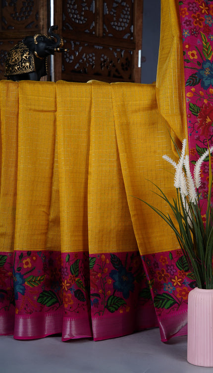 dola silk sarees with checks and floral print border - Pink