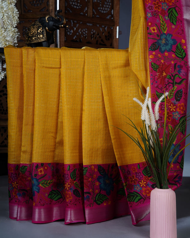 dola silk sarees with checks and floral print border - Pink