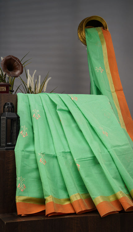 Handloom Cotton Thread Embroidery Buttis Gold Border - Green