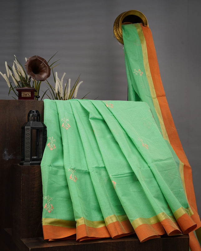 Handloom Cotton Thread Embroidery Buttis Gold Border - Green