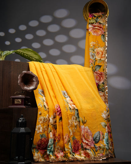 Crepe Saree With Floral Print Scallop Border Kardana Sequence Work - Yellow