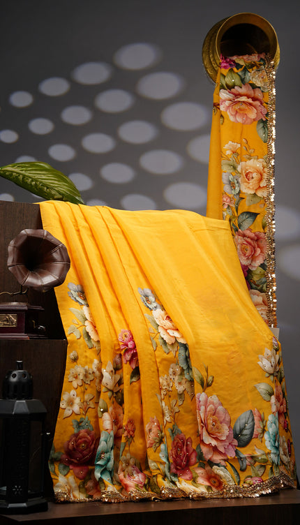Crepe Saree With Floral Print Scallop Border Kardana Sequence Work - Yellow