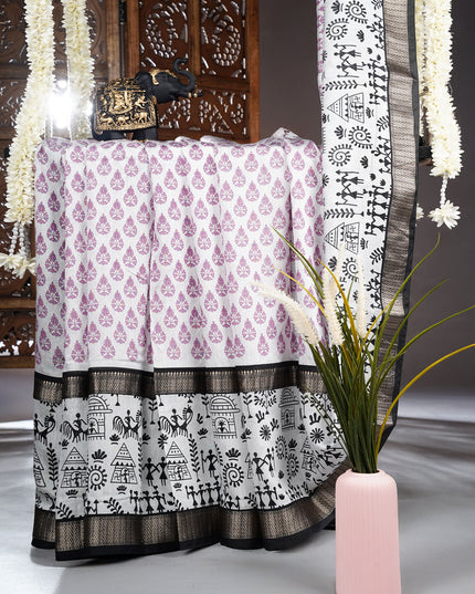 Muslin Silk Saree With Warli Art Border - White & Lavender