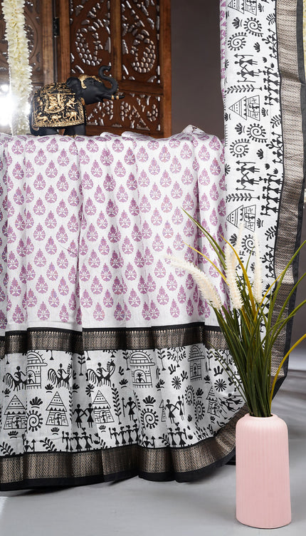 Muslin Silk Saree With Warli Art Border - White & Lavender